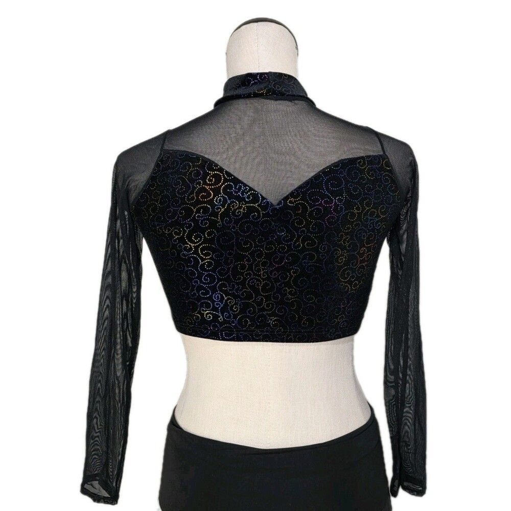 Body Wrappers VTG Mesh Velvet LS Mock Neck Dance Midriff Bling Top Preteen (XS) - Picture 6 of 16